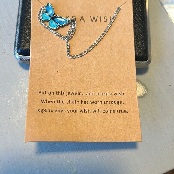 Light Blue + Silver Butterfly Make a Wish Necklace - Picture 2 of 2